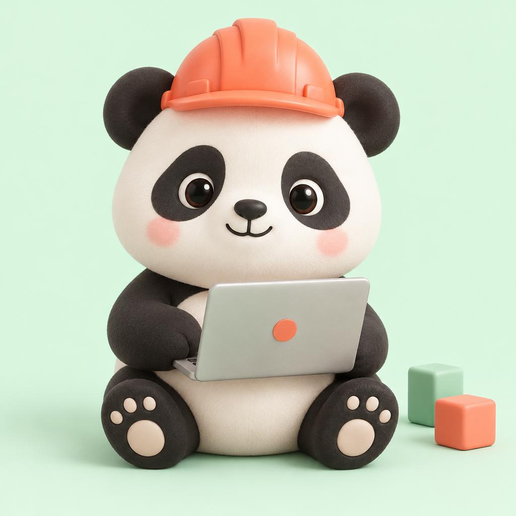A little panda in a coral construction hat building Codekido on a laptop